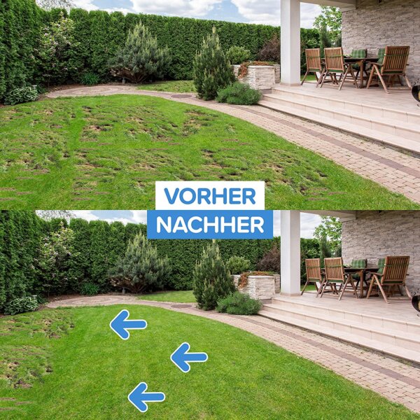 Bild von Gras vor und nach der Anwendung des Patronus Power-Granulats