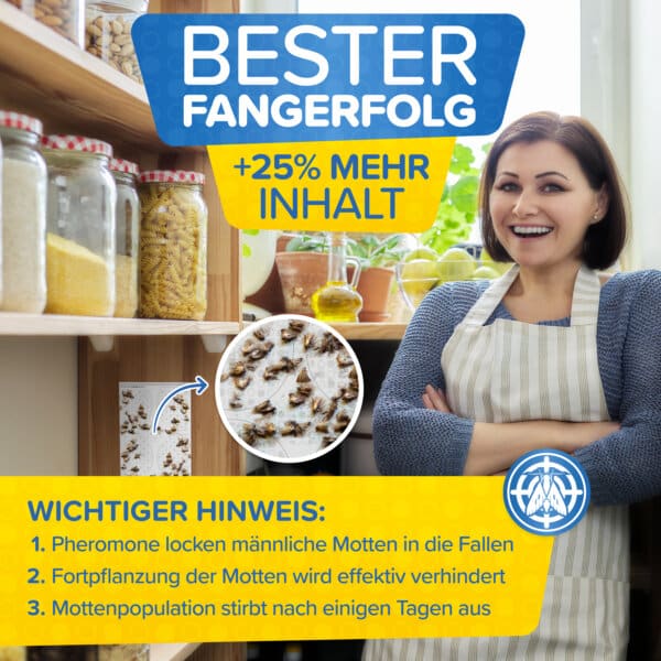 Bild einer Frau in der Küche mit dem wichtigen Hinweis. Lebensmittelmotten Falle