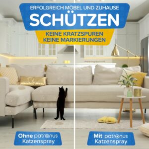 Zwei verschiedene Bilder des Sofas: eines ohne und eines nach der Anwendung des Patronus Katzensprays