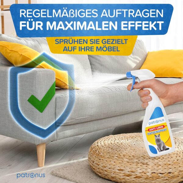 Bild des Sofas und des Patronus Anti-Urin-Katzensprays. Effektivität bei regelmäßiger Anwendung