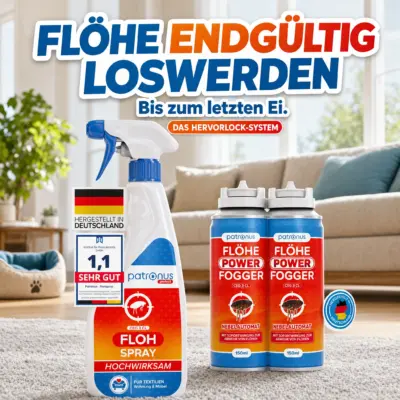 Patronus Flöhe Komplettpaket mit Floh Spray und Power Fogger – Flöhe endgültig loswerden, bis zum letzten Ei