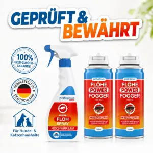 Patronus Floh Spray und Power Fogger mit Siegeln: Geld-zurück-Garantie, hergestellt in Deutschland