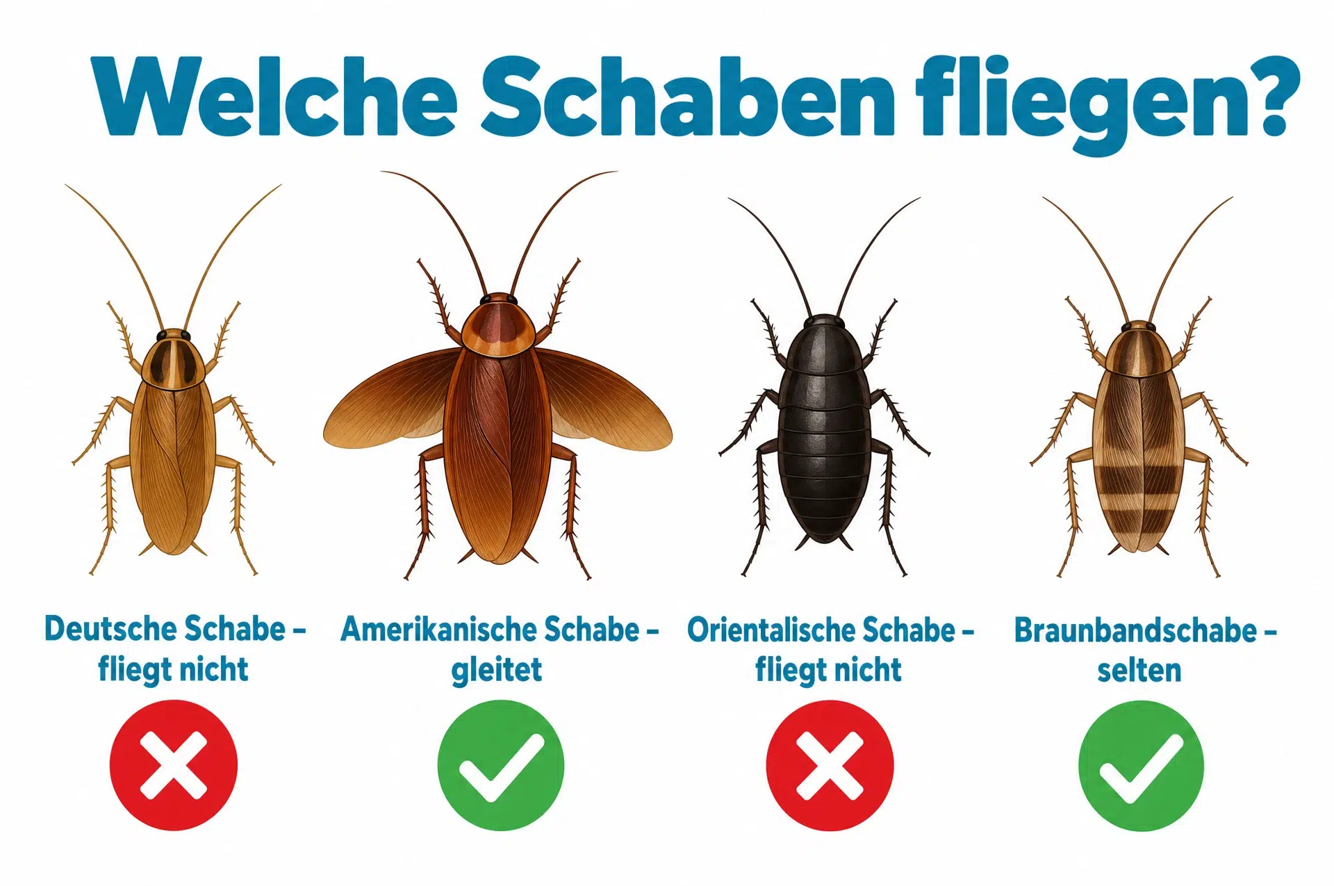 Welche Kakerlaken-Arten fliegen – Deutsche, Amerikanische, Orientalische Schabe und Braunbandschabe im Vergleich