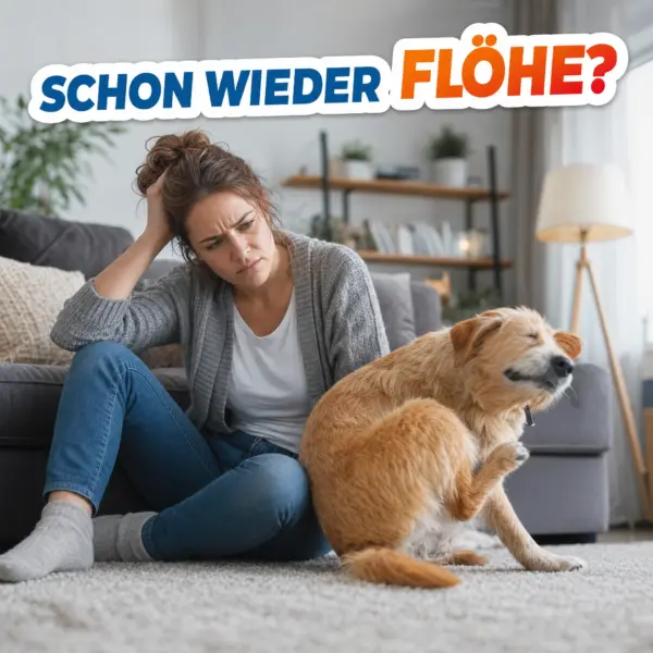 Frau mit sich kratzendem Hund im Wohnzimmer – schon wieder Flöhe trotz Behandlung