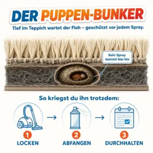 Infografik Puppen-Bunker: Floh-Puppe geschützt tief im Teppich, drei Schritte Locken, Abfangen, Durchhalten