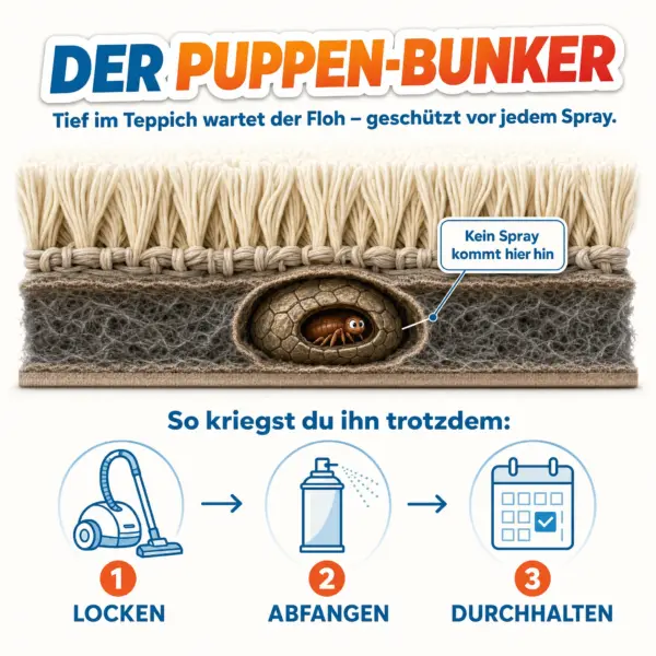 Infografik Puppen-Bunker: Floh-Puppe geschützt tief im Teppich, drei Schritte Locken, Abfangen, Durchhalten