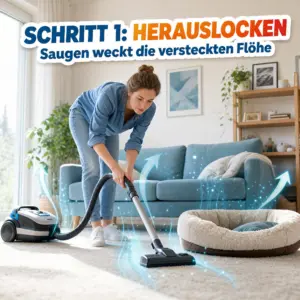 Person saugt Teppich – Staubsaugen weckt versteckte Flöhe (Schritt 1 Herauslocken)