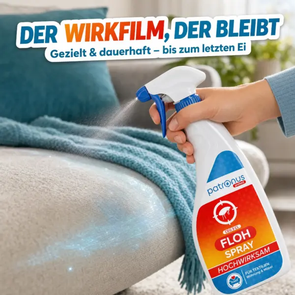 Patronus Floh Spray wird auf Teppich gesprüht – langanhaltender Wirkfilm gegen Flöhe