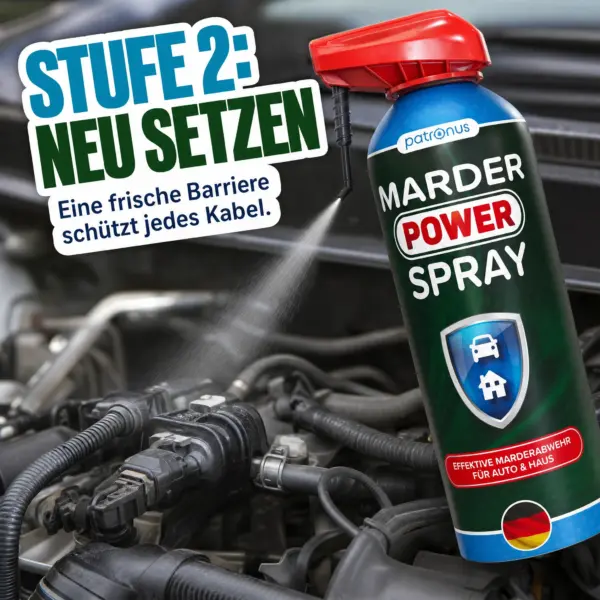Patronus Marder Power Spray wird auf Kabel im Motorraum gesprüht