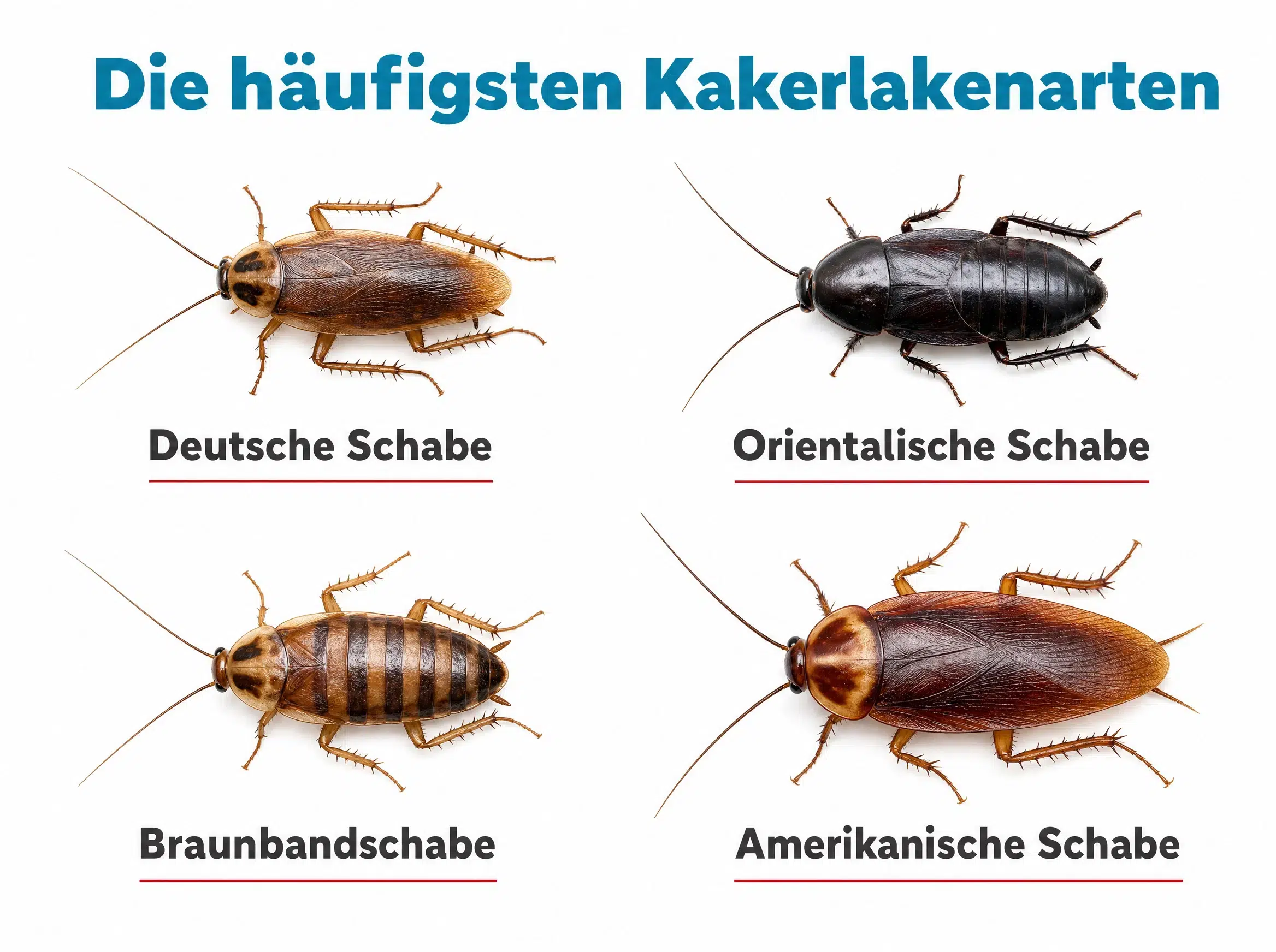 Die häufigsten Kakerlakenarten im Vergleich – Deutsche, Orientalische, Braunband- und Amerikanische Schabe